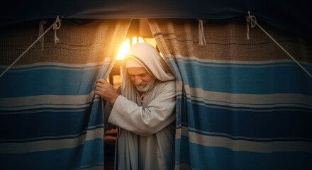 Old man opening a tent looking outside. Biblical times scene in the desert, nomadic life and ancient tradition concept.