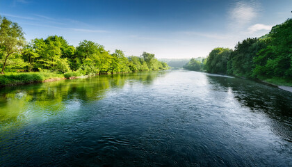 Fototapeta premium Tranquil Riverbanks Adorned With Vibrant Green Foliage In A Serene Natural Setting