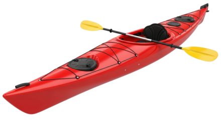 Isolated Red Kayak with Paddles