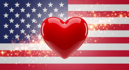 Obraz premium Red heart in front of the american flag with sparkling light effect