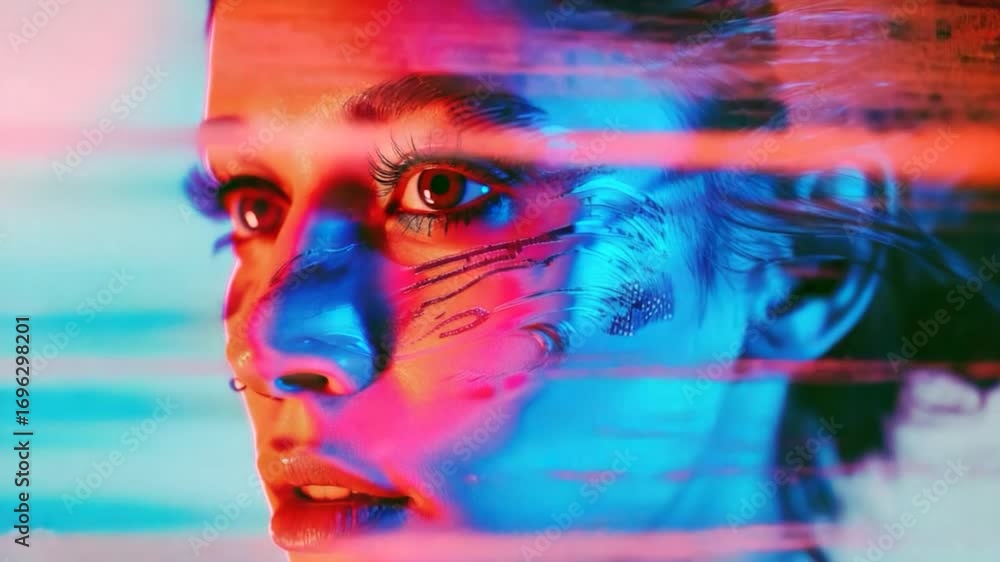 Poster a close-up shot of a person's face with colorful paint applied, suitable for use in artistic or crea