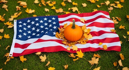 Pumpkin on american flag surrounded by autumn leaves on grass background