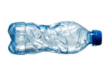 Crushed empty plastic water bottle on black, waste concept