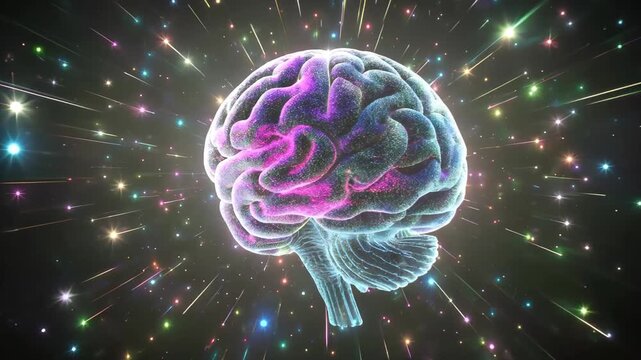 a close up of a brain with a lot of stars in the background