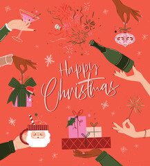 Christmas celebration poster with hand holding bottle, gifts, fireworks, tree toy, cocktail glass and santa cup drawing in art vintage style on coral background.