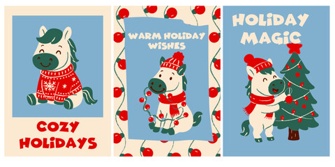 Set of cute cartoon horses in festive outfits decorating a Christmas tree, playing with lights, and wearing cozy sweaters with holiday greetings on colorful backgrounds