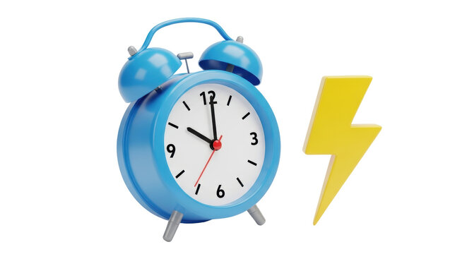 Isolated Blue Alarm Clock with Lightning Bolt
