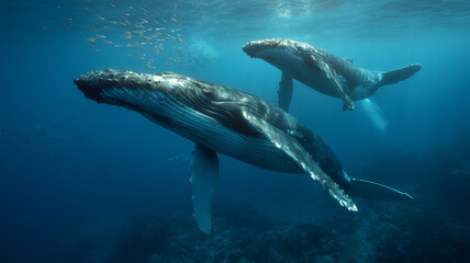 Fototapeta premium 外洋で泳ぐ親子のザトウクジラの穏やかな水中風景