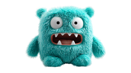 Adorable furry teal monster with big eyes and sharp teeth.