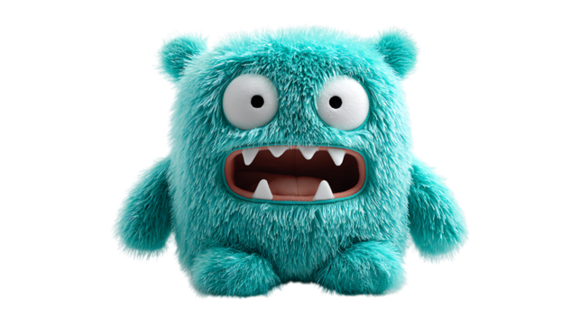 Adorable furry teal monster with big eyes and sharp teeth.