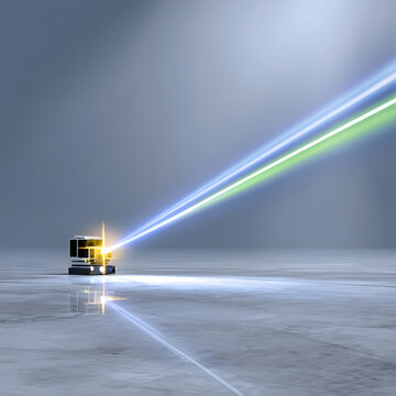  Modern device emitting strong parallel light beams on reflective surface in minimalist environment