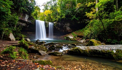 Fototapeta premium Waterfall cascading into a tranquil pool in a lush autumn forest
