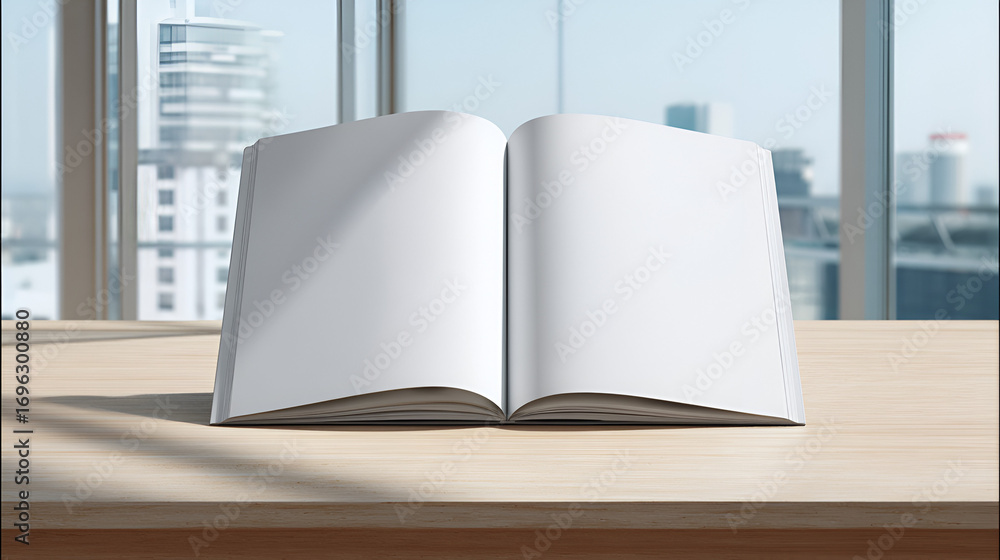Poster an open blank book sits on a wooden desk with a cityscape visible through a window in the background