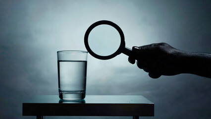 Magnifying glass examining glass of water.
