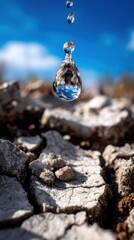 Prelude to Hope: Suspended Droplet over Cracked Soil, Symbolizing Survival in Scarcity - Dramatic Conceptual Shot