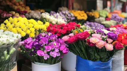 Vibrant Bouquets of Flowers on Display at a Market Stall