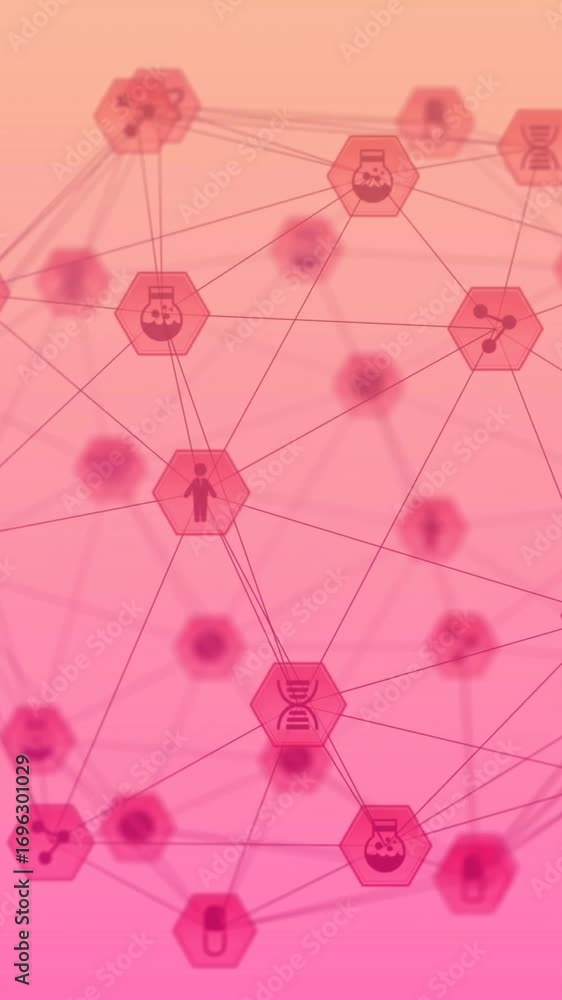 Poster data processing animation of interconnected icons and nodes over gradient background