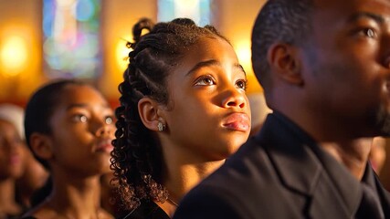 People at church service. Religious holiday. Church prayer. Black family in church.
