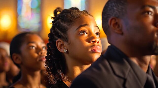 People at church service. Religious holiday. Church prayer. Black family in church.