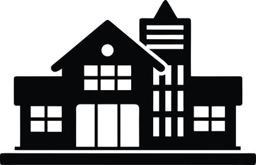 Black Silhouette Icon of a Multi- Story Building with Windows and a Tall Tower house structure