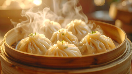 Steaming Dimsum Dumplings in Bamboo Steamer