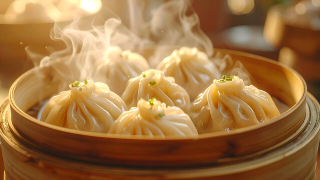 Steaming Dimsum Dumplings in Bamboo Steamer