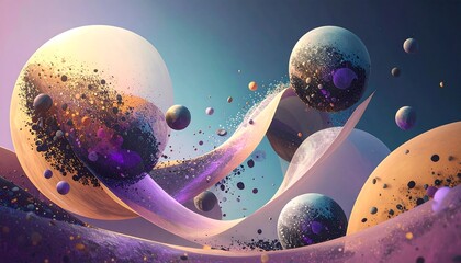 Abstract cosmic scene with swirling, colorful, textured spheres and particles