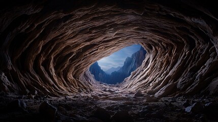   A cave adorned with numerous stones illuminated by a beacon emanating from the edge of one of its cavernous tunnels