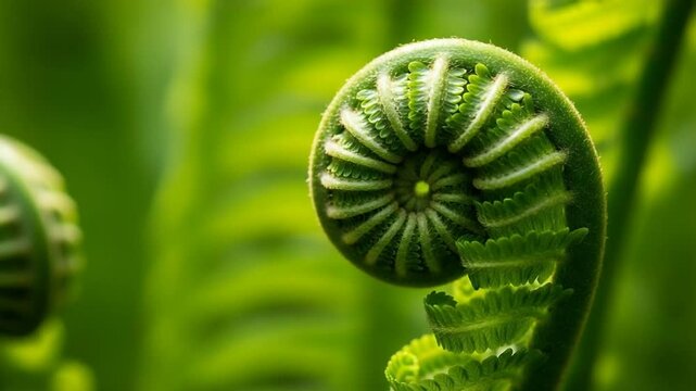 Dynamic Macro Journey Revealing the Intricate Spiral of a Young Fern Fiddlehead Unfurling.