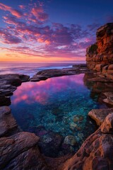 Coastal rock pool mirroring a vibrant sunrise