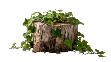 Old tree stump overgrown with ivy, symbolizing new life and nature's resilience.