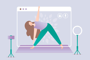Happy girl in yoga position. Screen streaming keep fit home workout. Female character in asana pose in hatha yoga. Online yoga lesson, education. Sport and fitness activity.