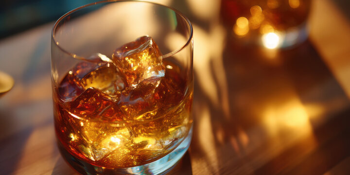 Glass of whiskey with ice cubes on wooden table with warm light reflection creating cozy mood