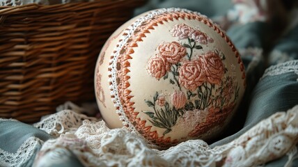 Artistic Handcrafted Ostrich Egg with Vintage Floral Design on Lace.