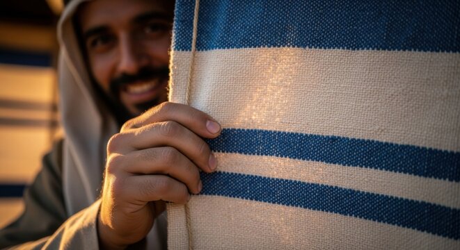 Young middle eastern man peeking from behind a striped fabric in dim light. Exploring ancient nomadic life and desert dwelling.