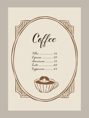 Elegant coffee menu template. Matisse style food and beverage illustrations.