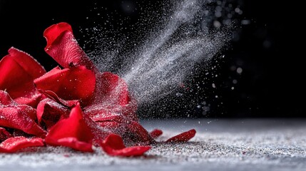   A close-up of red flowers with water spraying from the top