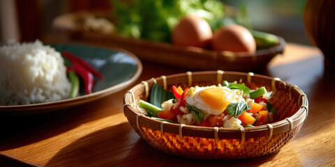 Spicy Thai salad with fried egg served in woven basket with rice and chili on plate, fresh ingredients in background