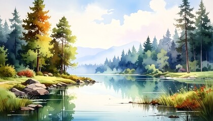 Serene lake landscape, colorful forest