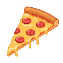 Classic Pepperoni Pizza Slice Vector Illustration with Glistening Cheese and Bold Outlines, Isolated on White for Menu Designs