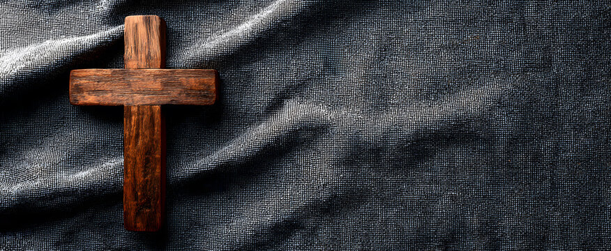 powerful christian banner design featuring wooden cross, timeless symbol of faith and hope, artfully placed against textured gray velvet backdrop.