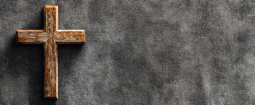 powerful christian banner design featuring wooden cross, timeless symbol of faith and hope, artfully placed against textured gray velvet backdrop.