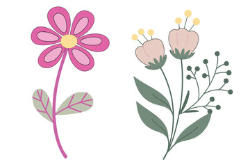 Two Simple Cartoon Flowers with Leaves floral illustration