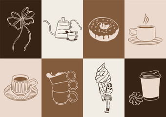 Sketch style coffee and desserts doodle collection. Art for greeting cards, restaurant menu, poster design, postcards, branding, logo design, patterns.
