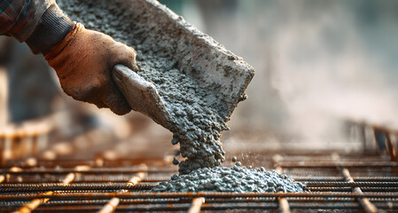 close-up of construction worker hand pouring liquid concrete from cement mixer onto steel rebar to form solid structure, illustrating the foundation of modern commercial building.