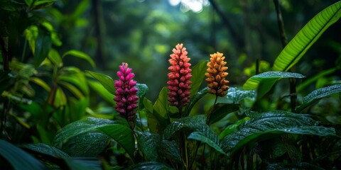 Vibrant Tropical Flowers Amidst Lush Green Foliage