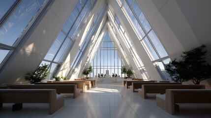 Modern chapel architecture interior design with glass windows for wedding ceremony and event space