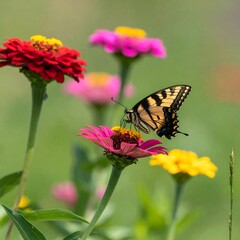 A butterfly sips nectar from a vibrant pink zinnia flower, surrounded by cheerful blossoms in shades of red and pink, showcasing a beautiful summer scene.