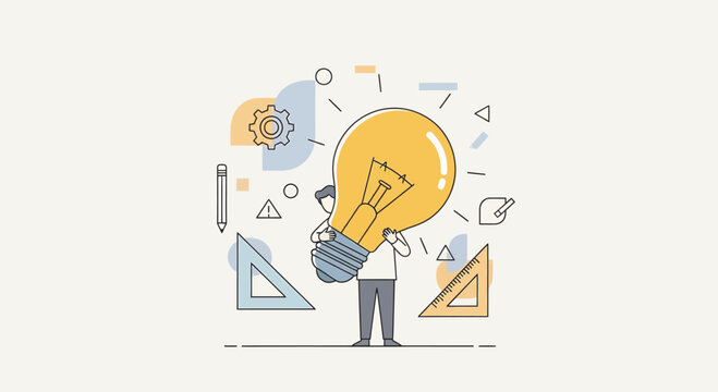 Person holding a large lightbulb representing a bright idea with geometric shapes floating around on a clean, minimalist white canvas.