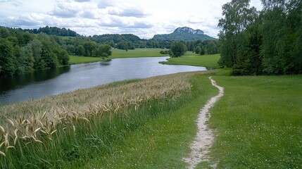   A winding path leads through a green meadow beside a tranquil lake, with majestic mountains visible through the haze in the distance